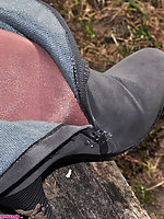 Angel in Boots and Shiny Pantyhose outside