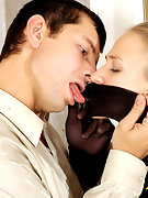 redhead secretary in stockings