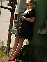 Mature in sheer skin tone stockings and heels outdoor